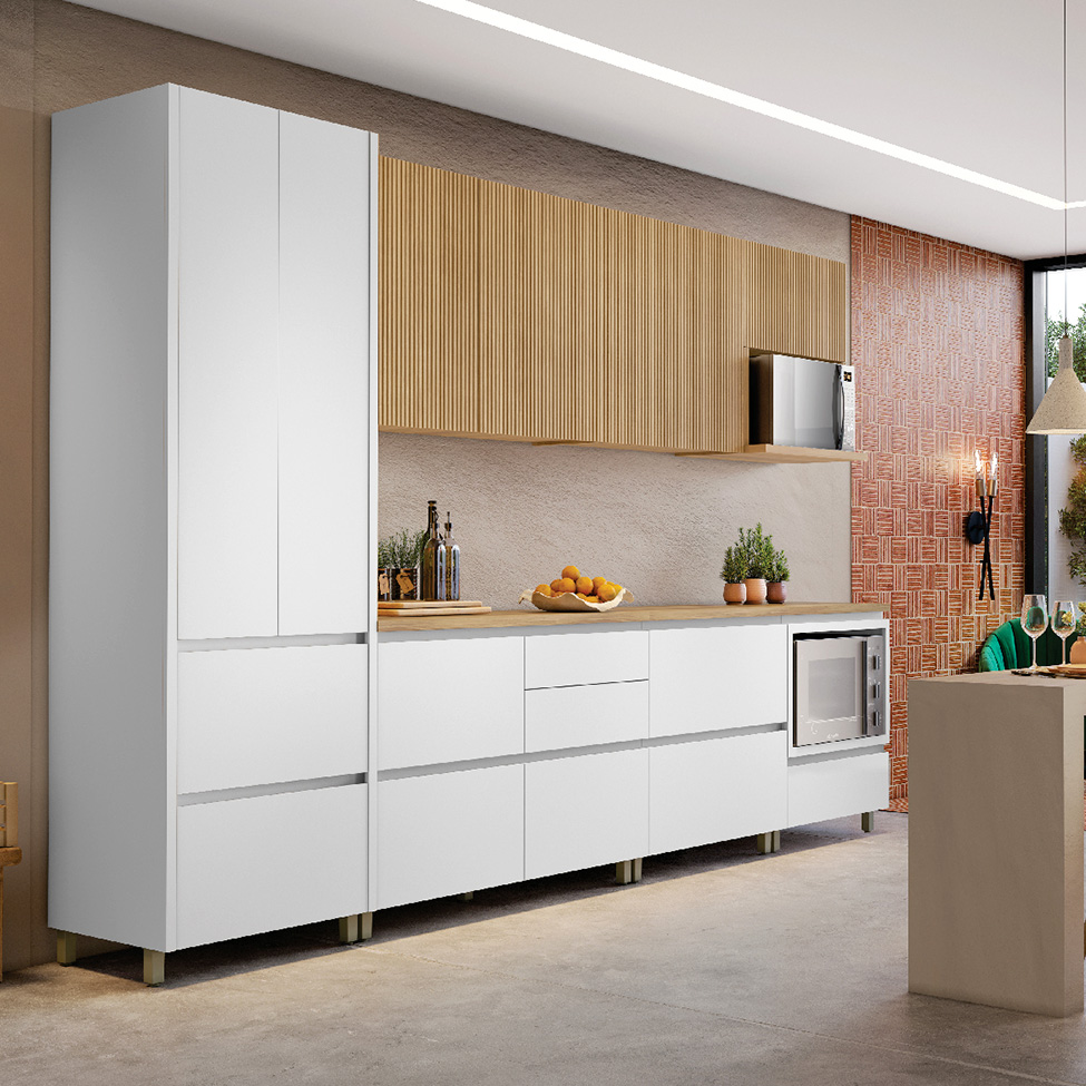 Cozinha Compacta Rainha 100% MDF 9 Portas 8 Gavetas Branca e Nature