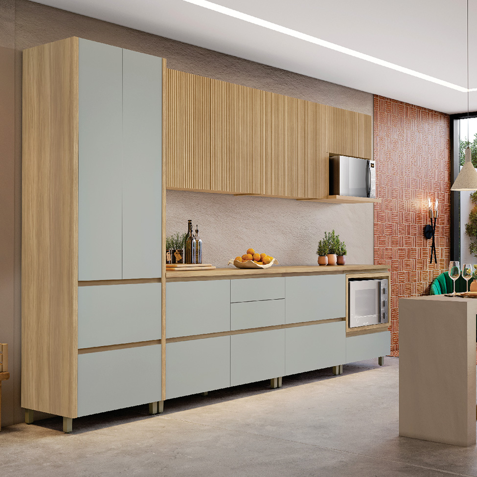 Cozinha Compacta Rainha 100% MDF 9 Portas 8 Gavetas Verde e Nature