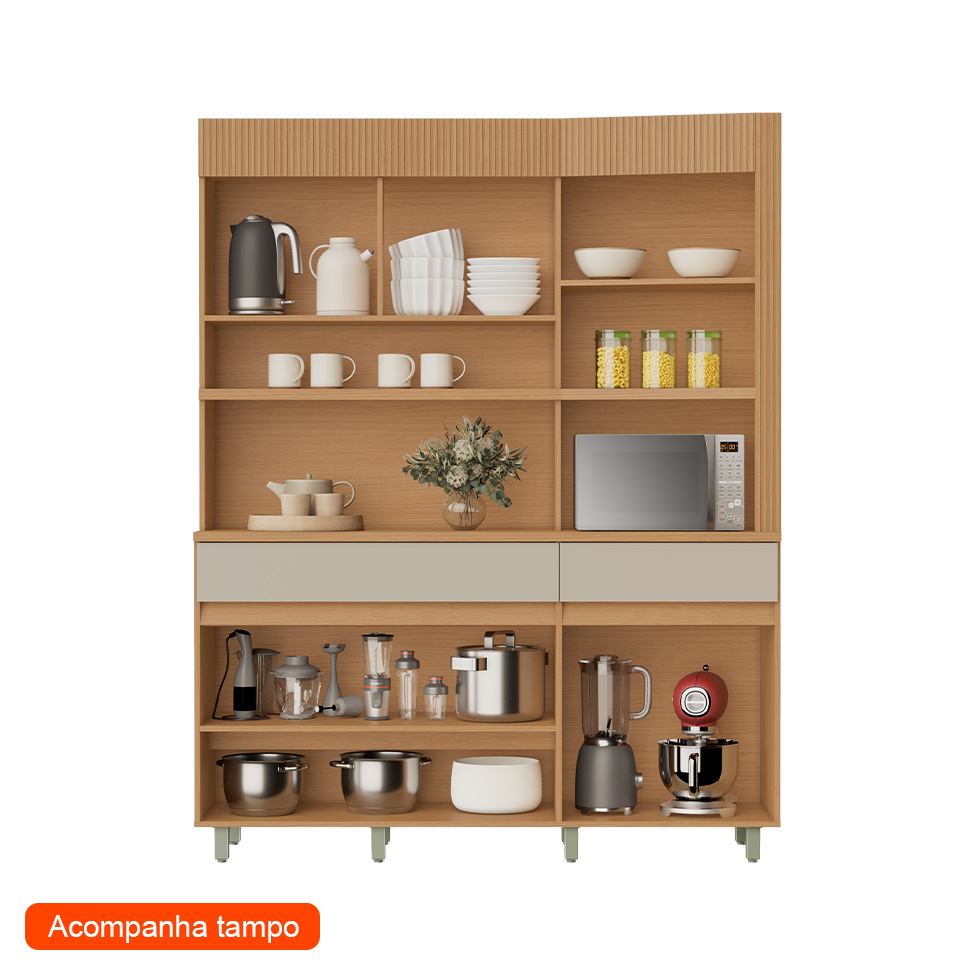 Cozinha Compacta Realeza 100% MDF 4 Portas 2 Gavetas Carvalho e Greice