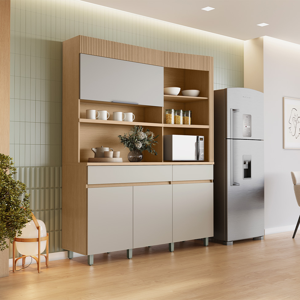 Cozinha Compacta Realeza 100% MDF 4 Portas 2 Gavetas Carvalho e Greice