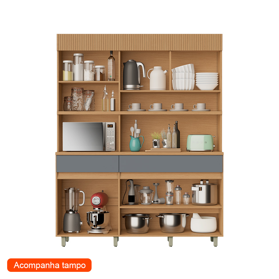 Cozinha Compacta Realeza 100% MDF 4 Portas 2 Gavetas Carvalho e Titânio