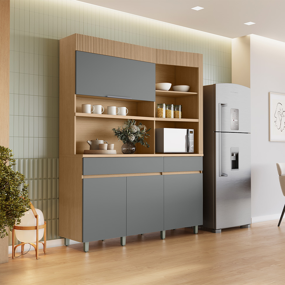 Cozinha Compacta Realeza 100% MDF 4 Portas 2 Gavetas Carvalho e Titânio