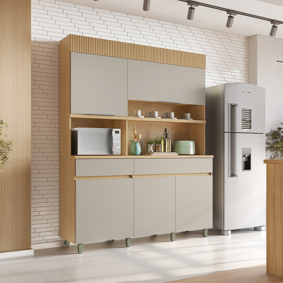 Cozinha Compacta Realeza 100% MDF 5 Portas 2 Gavetas Carvalho e Greice