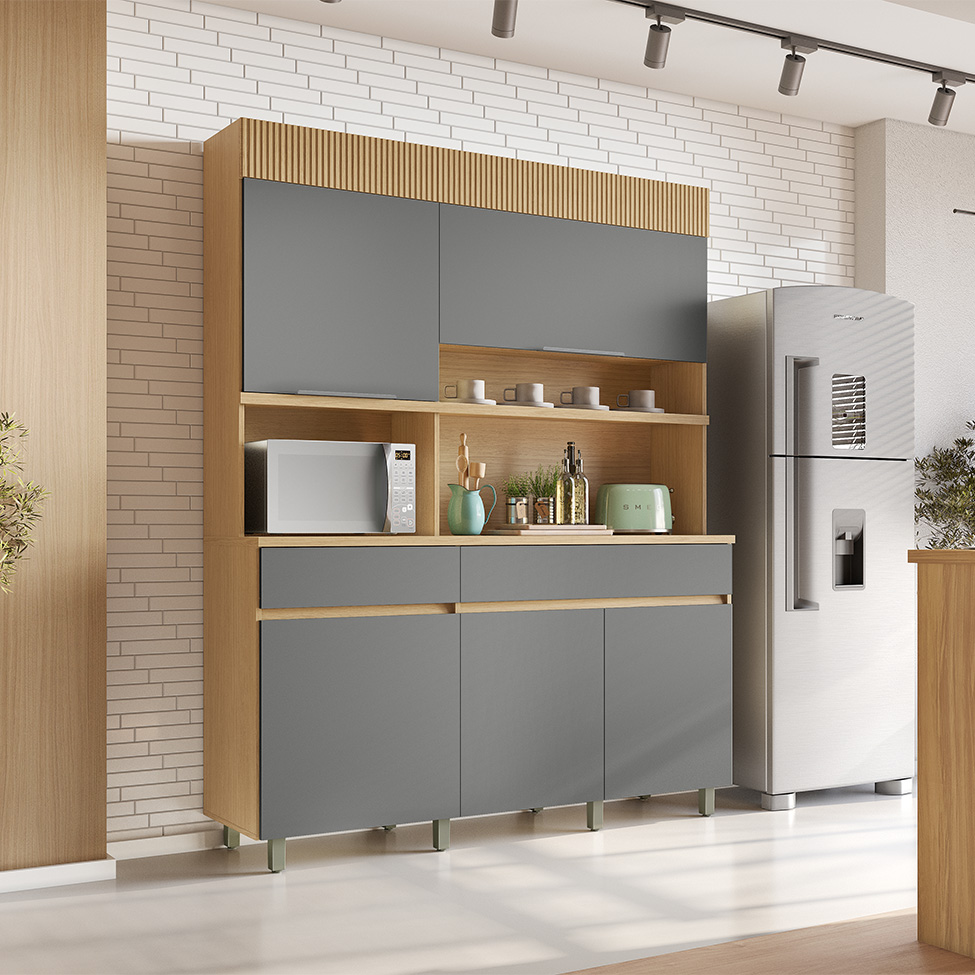 Cozinha Compacta Realeza 100% MDF 5 Portas 2 Gavetas Carvalho e Titânio