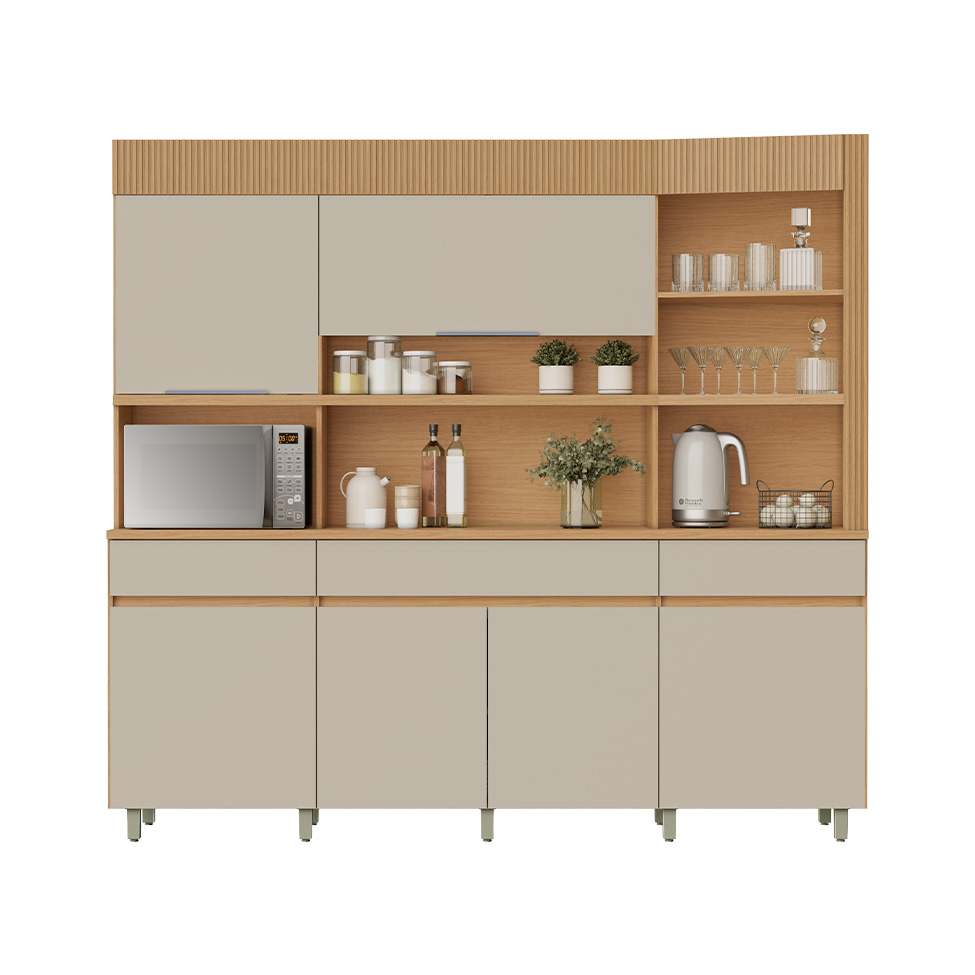 Cozinha Compacta Realeza 100% MDF 6 Portas 3 Gavetas Carvalho e Greige