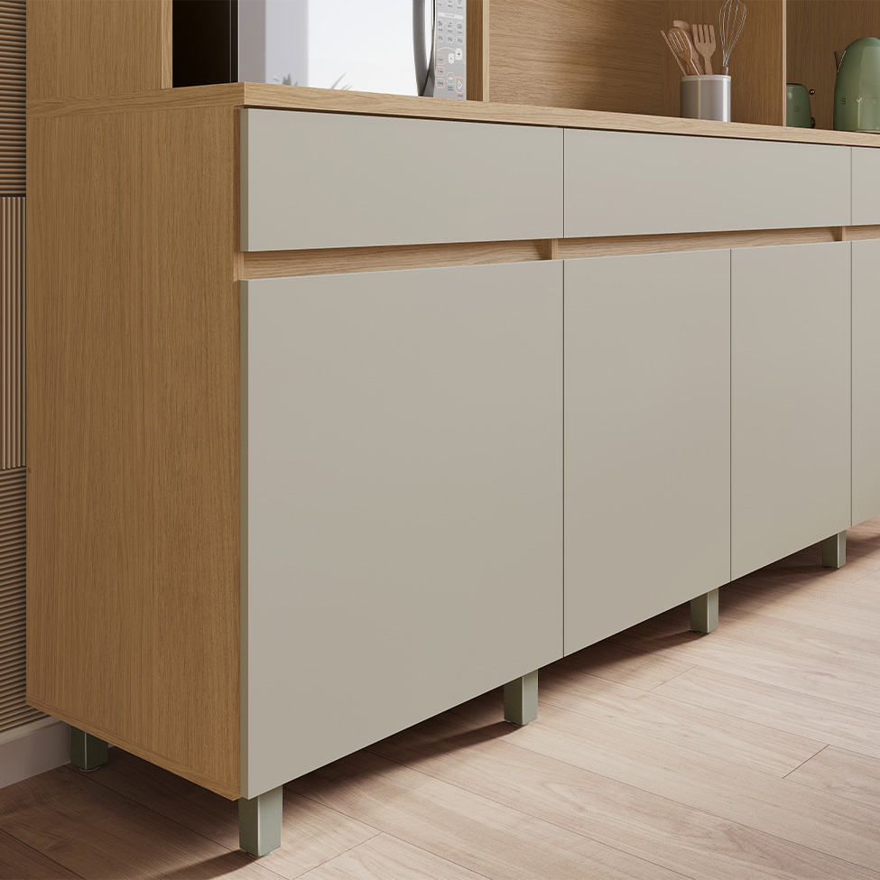 Cozinha Compacta Realeza 100% MDF 6 Portas 3 Gavetas Carvalho e Greige