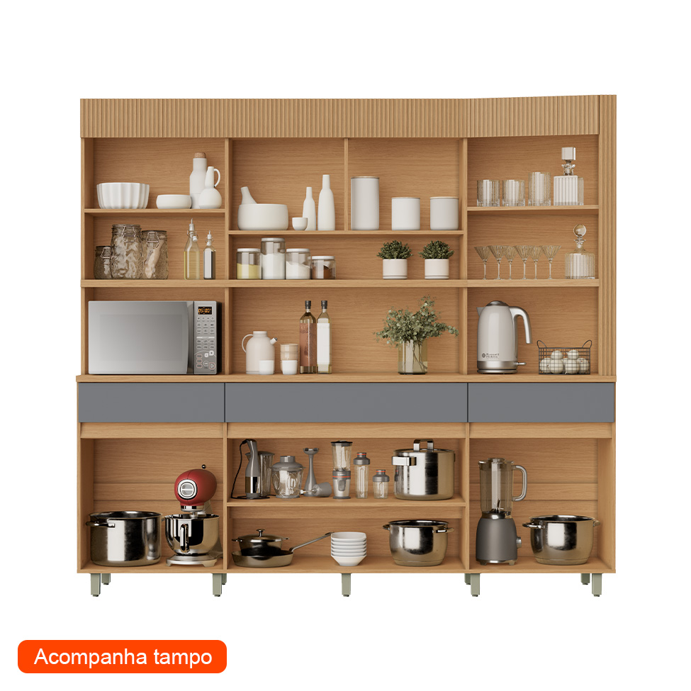 Cozinha Compacta Realeza 100% MDF 6 Portas 3 Gavetas Carvalho e Titânio