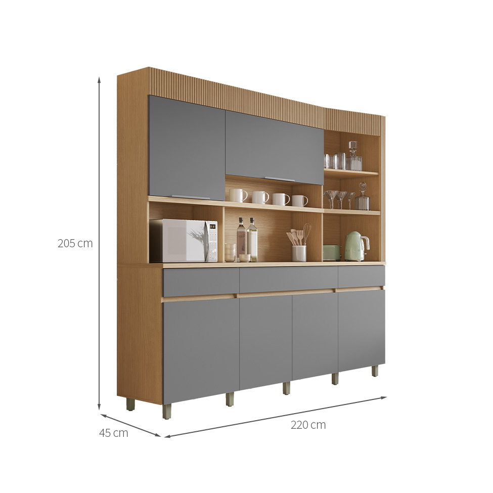 Cozinha Compacta Realeza 100% MDF 6 Portas 3 Gavetas Carvalho e Titânio