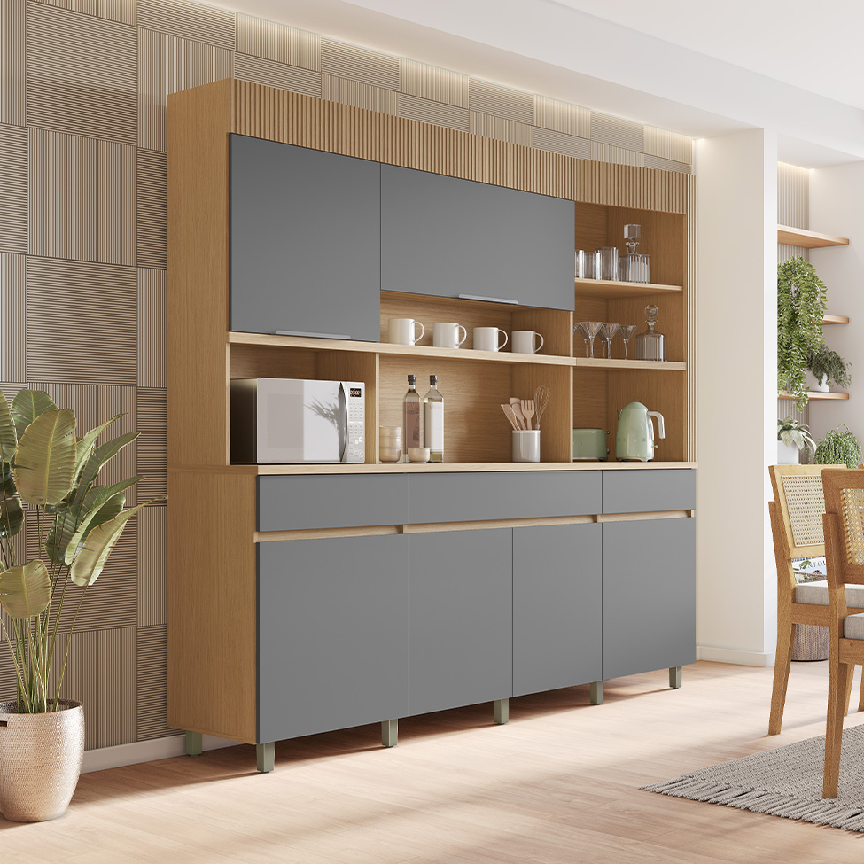 Cozinha Compacta Realeza 100% MDF 6 Portas 3 Gavetas Carvalho e Titânio