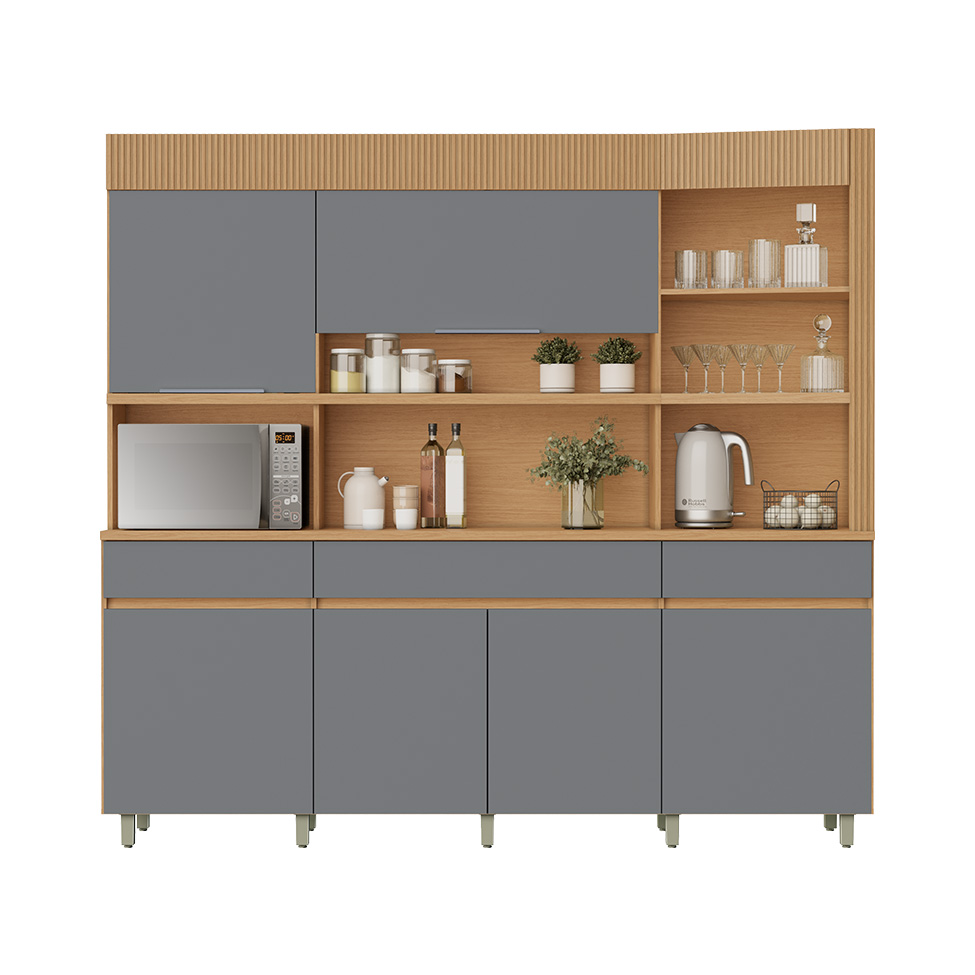 Cozinha Compacta Realeza 100% MDF 6 Portas 3 Gavetas Carvalho e Titânio