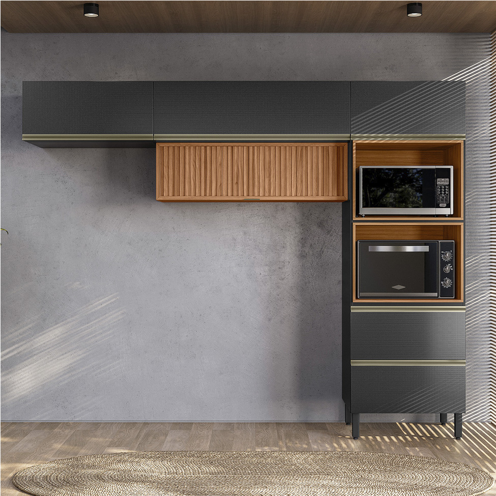 Cozinha Compacta Ripada Proença 5 Portas 1 Gaveta Carbono e Nogueira