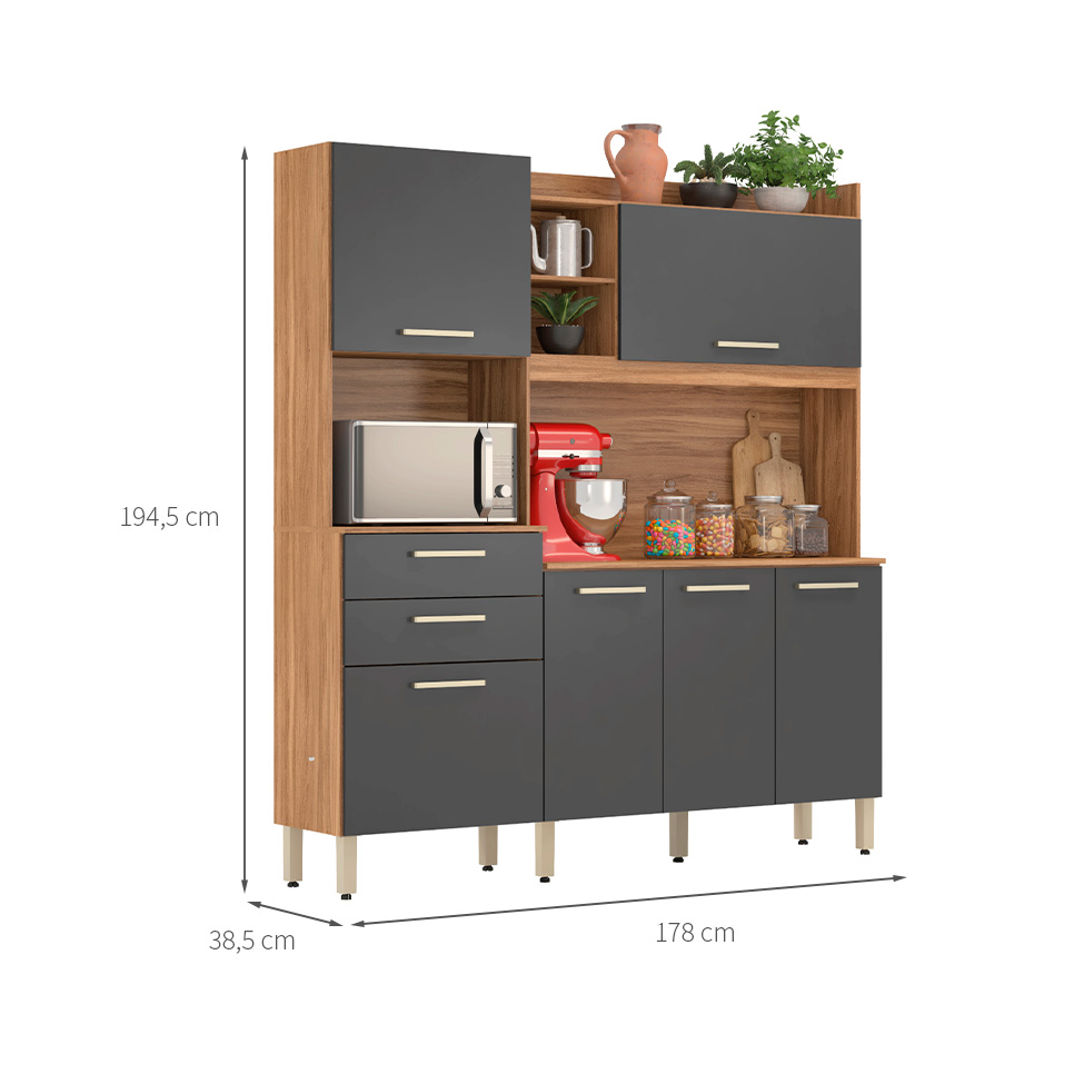 Cozinha Compacta Select 6 Portas 3 Gavetas Amêndola e Grafite