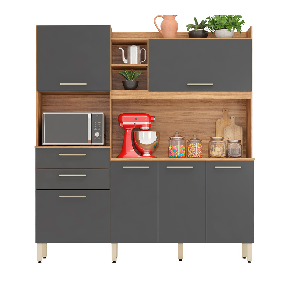 Cozinha Compacta Select 6 Portas 3 Gavetas Amêndola e Grafite