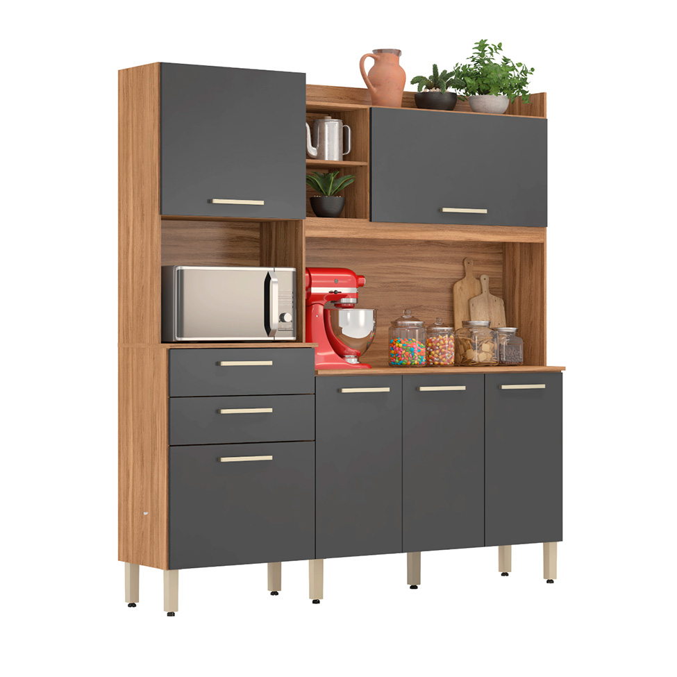 Cozinha Compacta Select 6 Portas 3 Gavetas Amêndola e Grafite