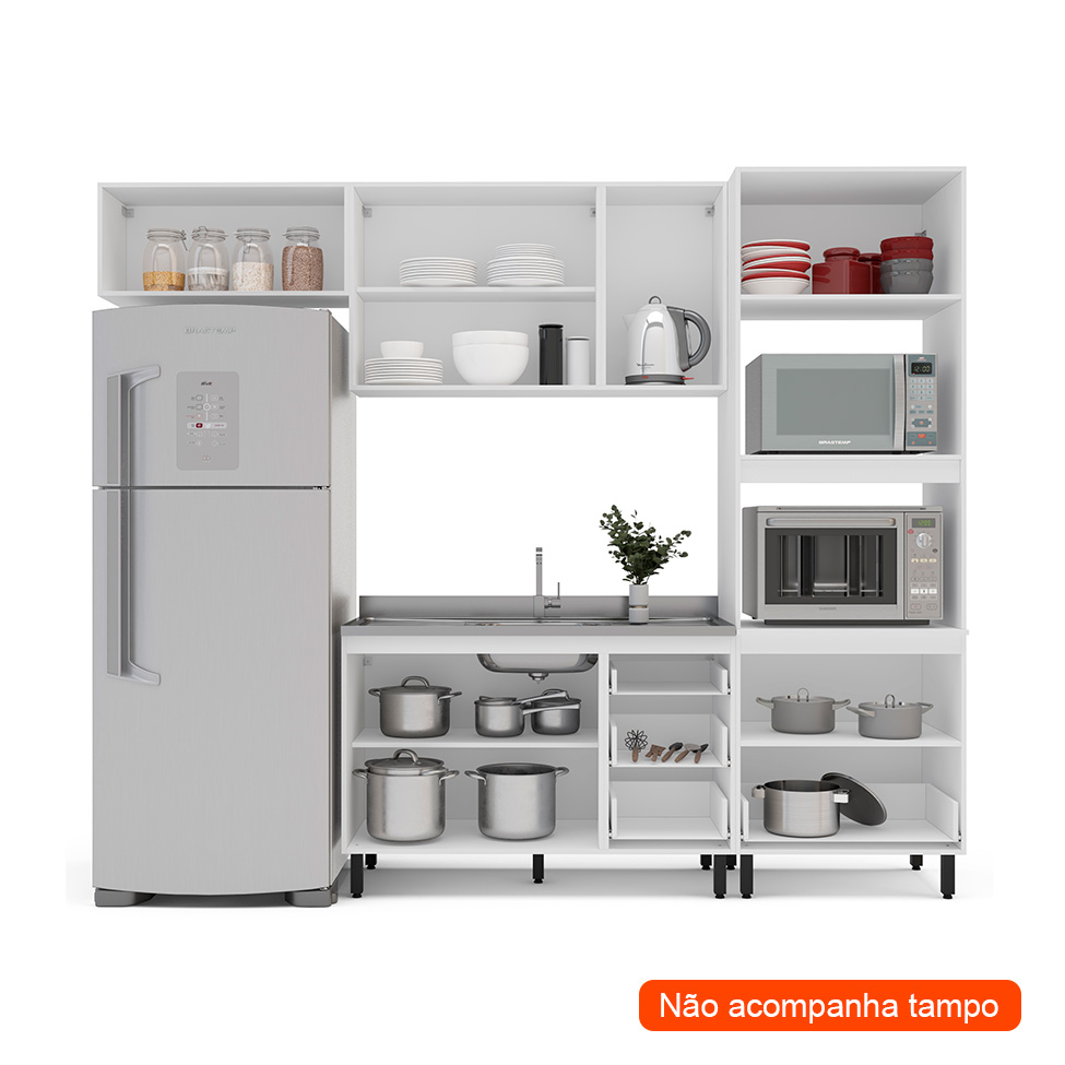 Cozinha Compacta Sem Tampo Amara 7 Portas 5 Gavetas Azul e Branca