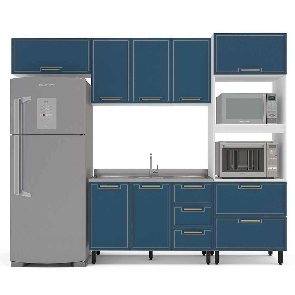 Cozinha Compacta Sem Tampo Amara 7 Portas 5 Gavetas Azul e Branca