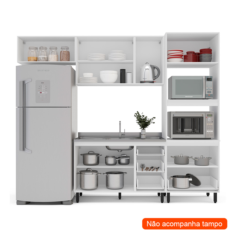 Cozinha Compacta Sem Tampo Amara 7 Portas 5 Gavetas Creme e Branca