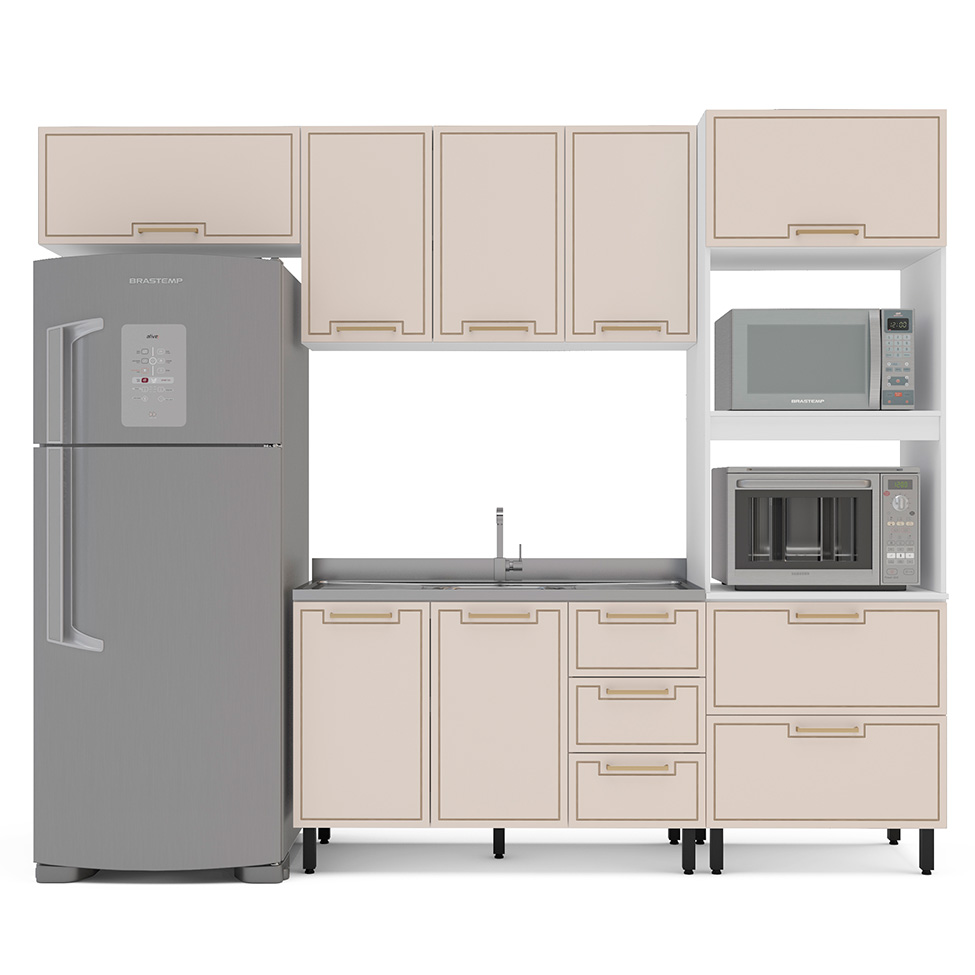 Cozinha Compacta Sem Tampo Amara 7 Portas 5 Gavetas Creme e Branca