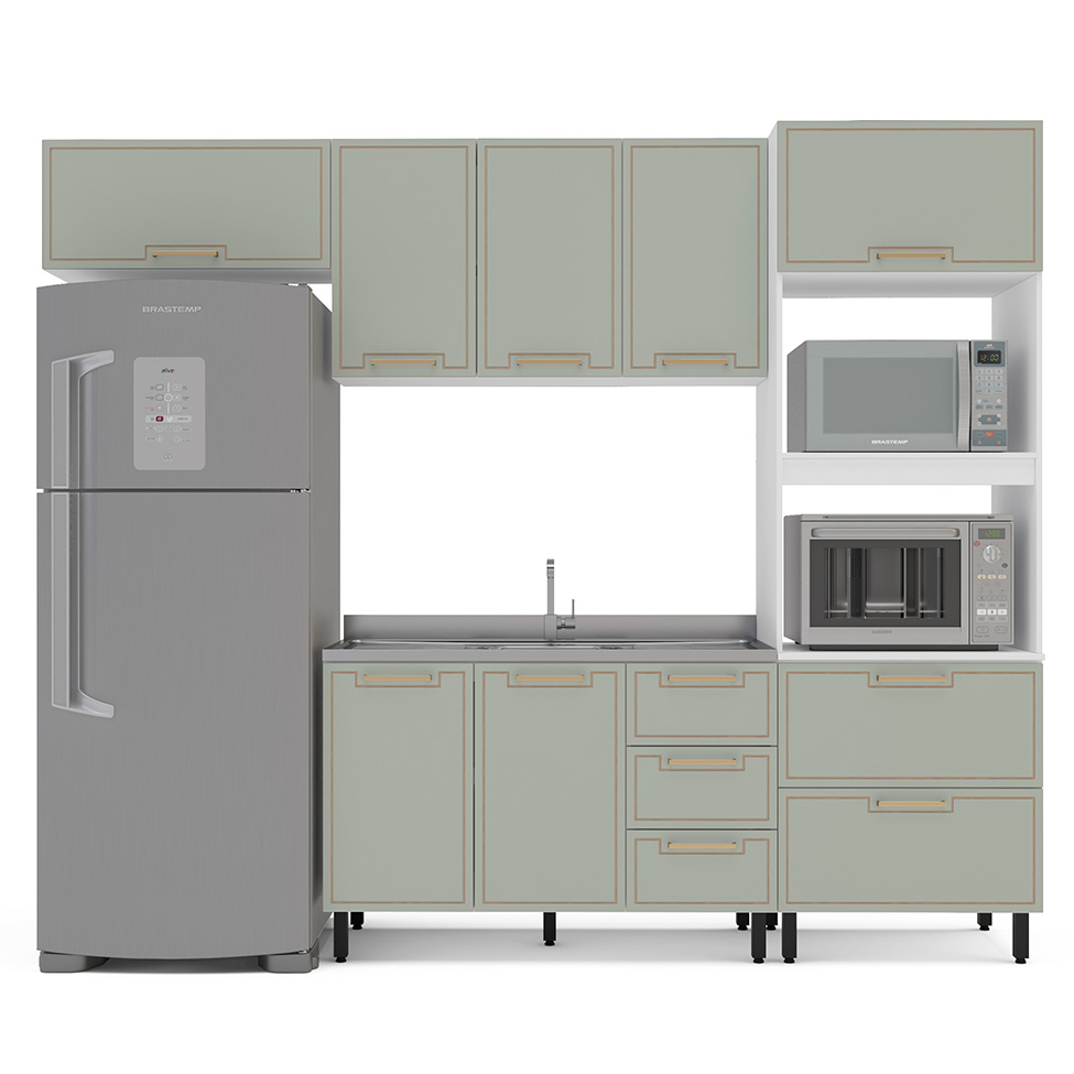 Cozinha Compacta Sem Tampo Amara 7 Portas 5 Gavetas Verde e Branca