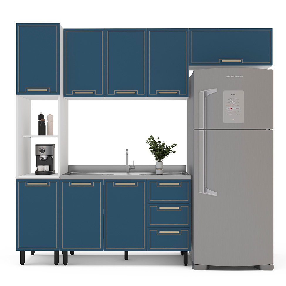 Cozinha Compacta Sem Tampo Amara 8 Portas 3 Gavetas Azul e Branca