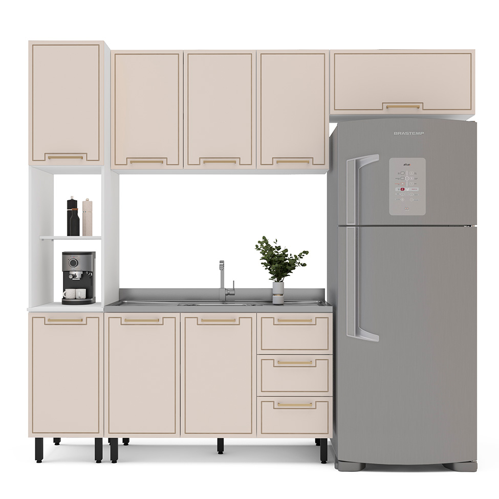 Cozinha Compacta Sem Tampo Amara 8 Portas 3 Gavetas Creme e Branca