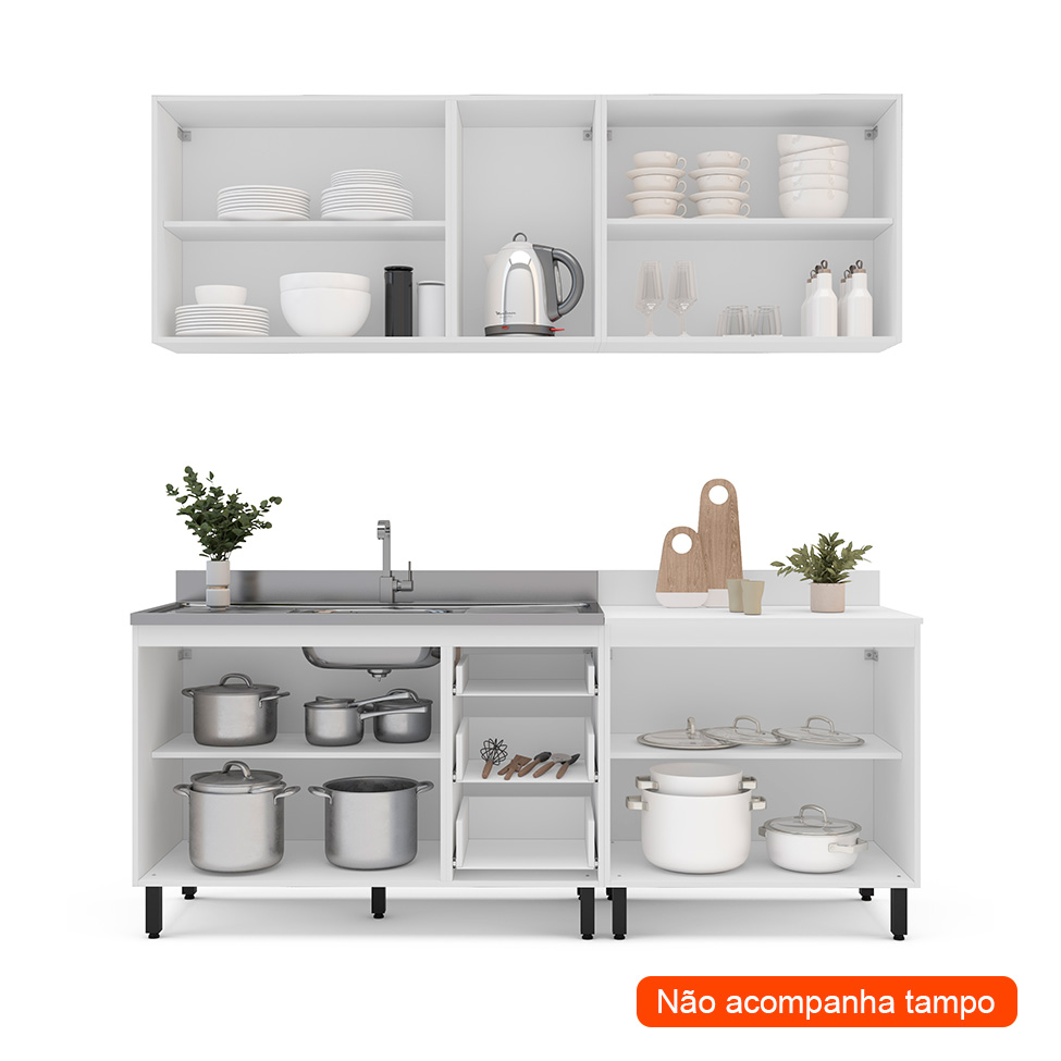 Cozinha Compacta Sem Tampo Amara 9 Portas 3 Gavetas Creme e Branca