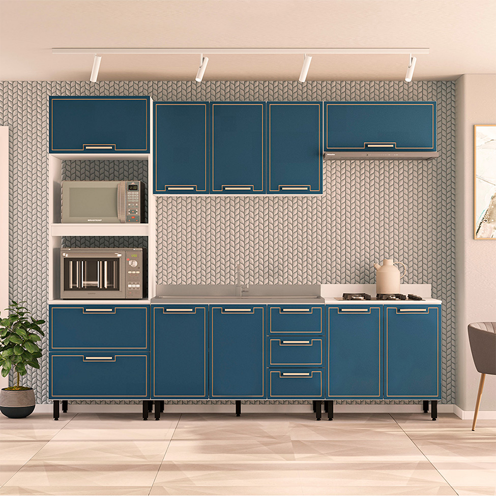 Cozinha Compacta Sem Tampo Amara 9 Portas 5 Gavetas Azul e Branca