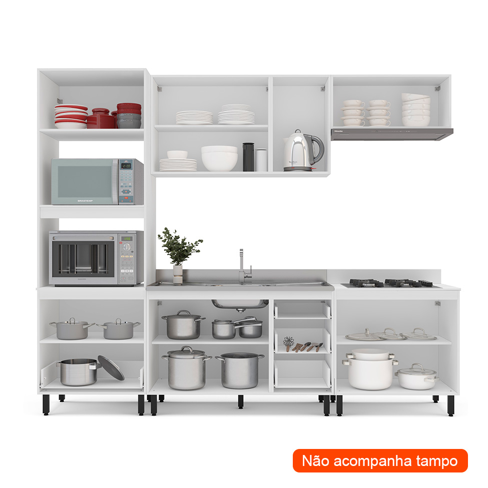 Cozinha Compacta Sem Tampo Amara 9 Portas 5 Gavetas Creme e Branca