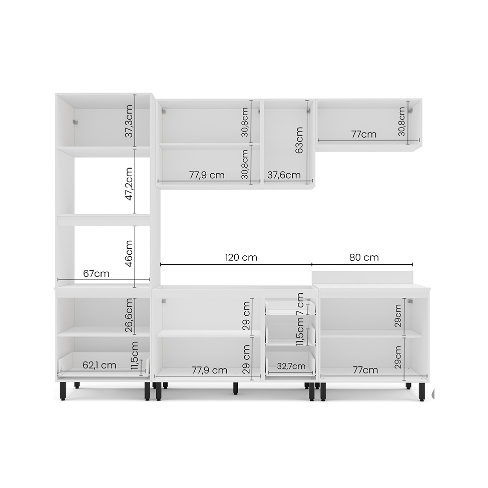 Cozinha Compacta Sem Tampo Amara 9 Portas 5 Gavetas Creme e Branca