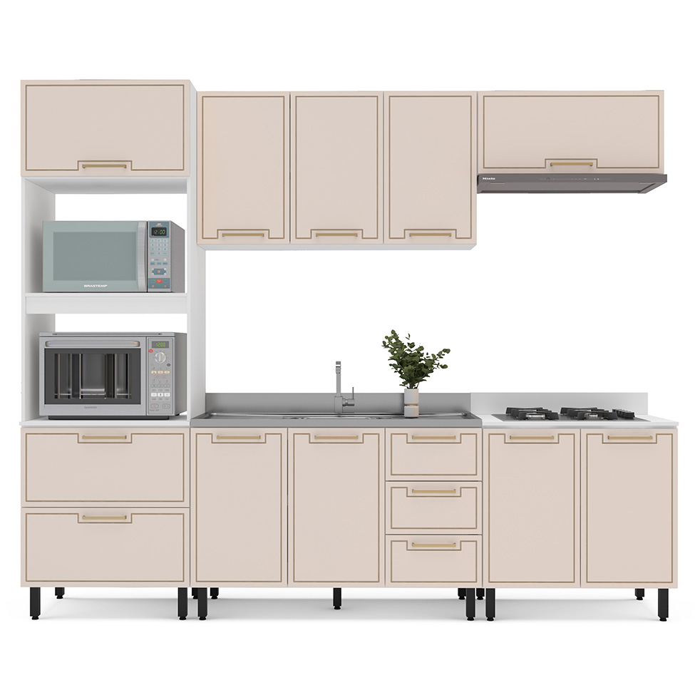 Cozinha Compacta Sem Tampo Amara 9 Portas 5 Gavetas Creme e Branca