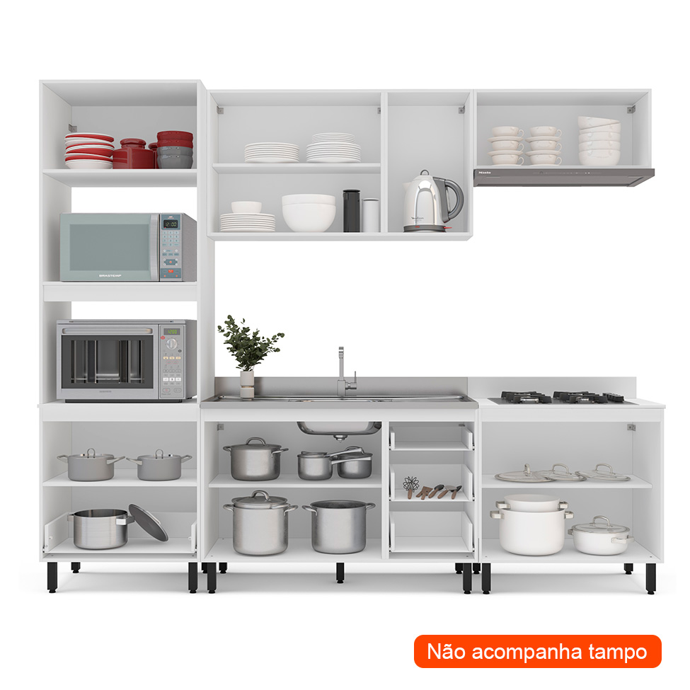 Cozinha Compacta Sem Tampo Meena 10 Portas 4 Gavetas Creme e Branca