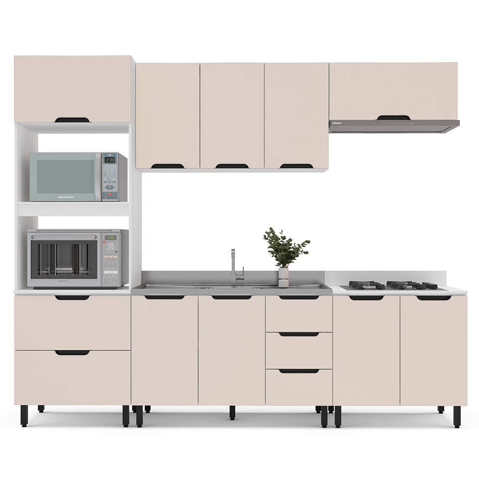 Cozinha Compacta Sem Tampo Meena 10 Portas 4 Gavetas Creme e Branca