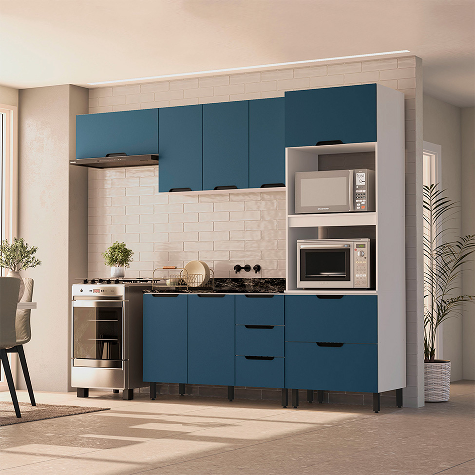 Cozinha Compacta Sem Tampo Meena 7 Portas 5 Gavetas Azul e Branca