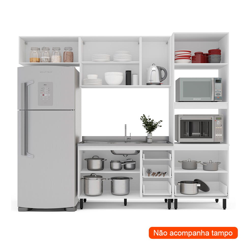 Cozinha Compacta Sem Tampo Meena 7 Portas 5 Gavetas Azul e Branca