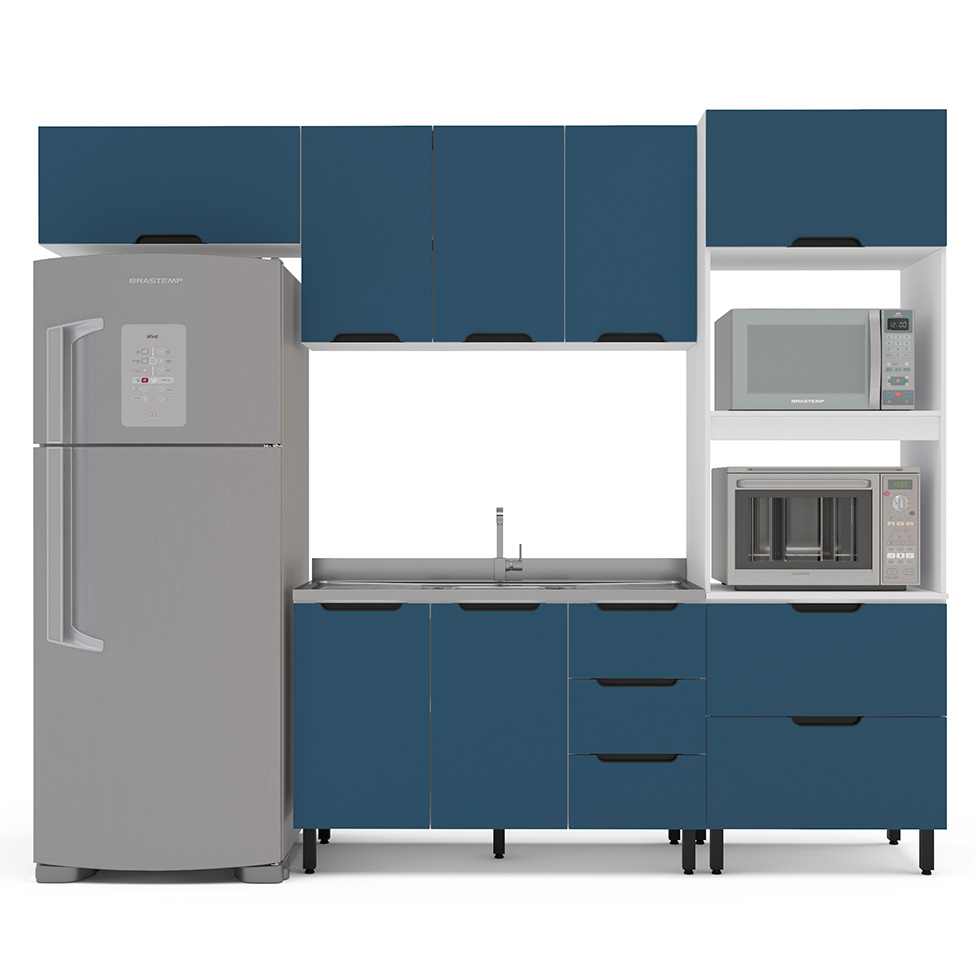 Cozinha Compacta Sem Tampo Meena 7 Portas 5 Gavetas Azul e Branca