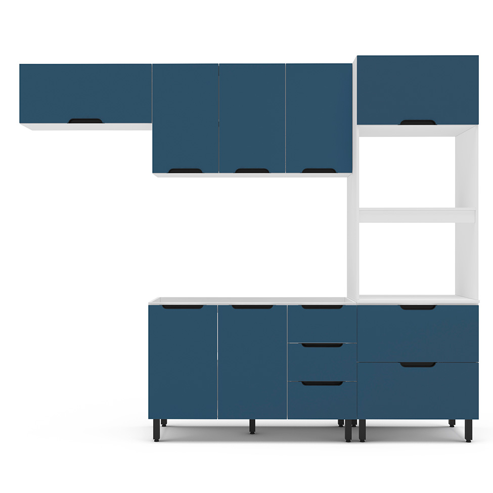 Cozinha Compacta Sem Tampo Meena 7 Portas 5 Gavetas Azul e Branca