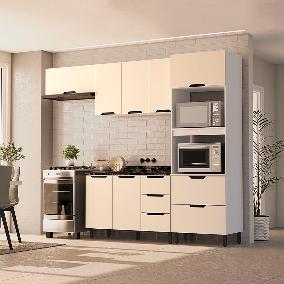 Cozinha Compacta Sem Tampo Meena 7 Portas 5 Gavetas Creme e Branca