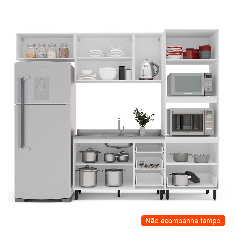 Cozinha Compacta Sem Tampo Meena 7 Portas 5 Gavetas Creme e Branca