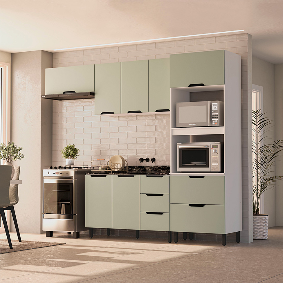 Cozinha Compacta Sem Tampo Meena 7 Portas 5 Gavetas Verde e Branca