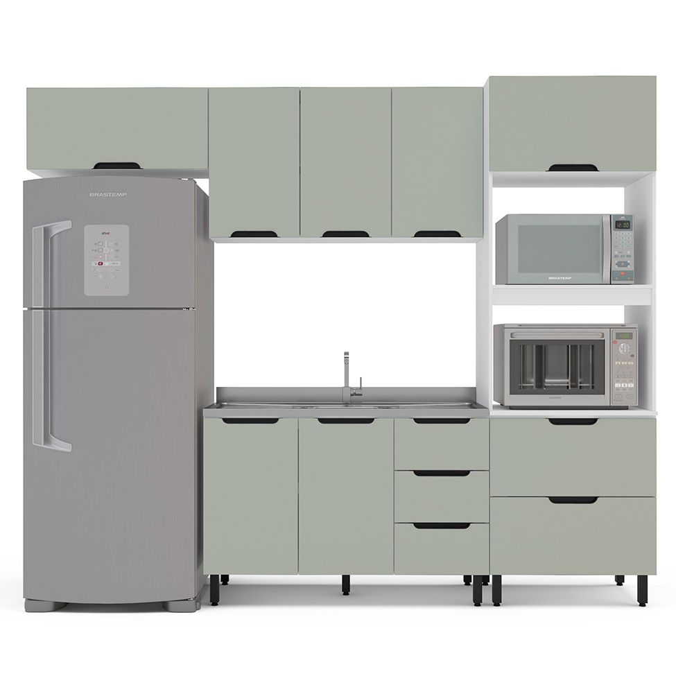 Cozinha Compacta Sem Tampo Meena 7 Portas 5 Gavetas Verde e Branca