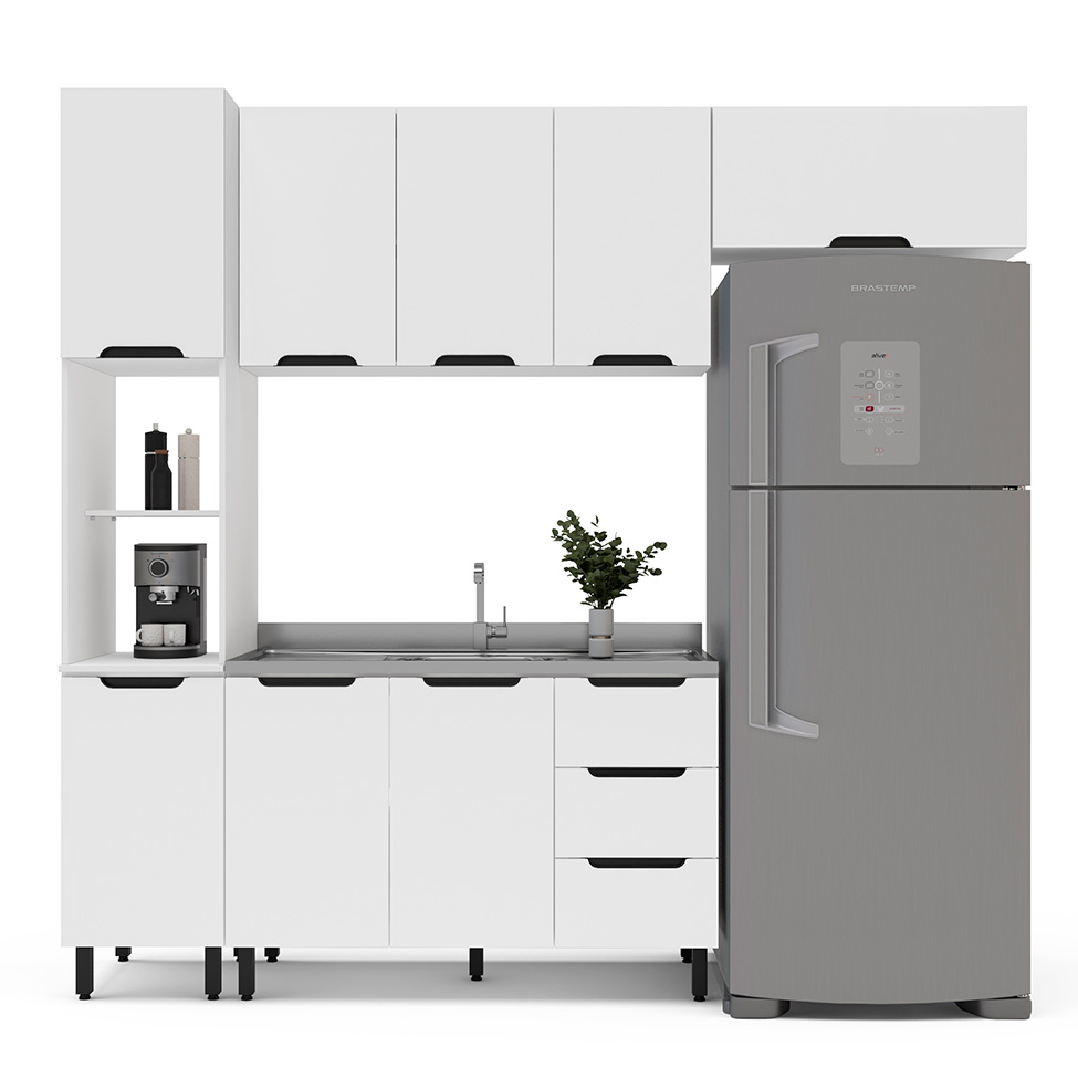 Cozinha Compacta Sem Tampo Meena 8 Portas 3 Gavetas Branca
