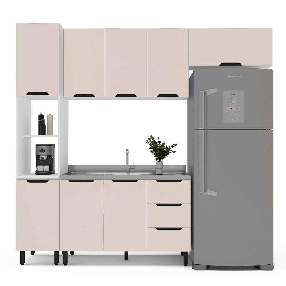 Cozinha Compacta Sem Tampo Meena 8 Portas 3 Gavetas Creme e Branca