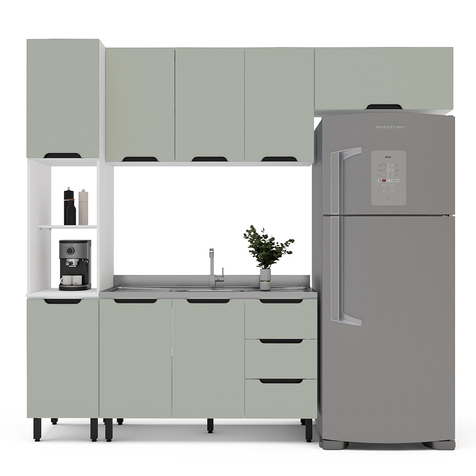 Cozinha Compacta Sem Tampo Meena 8 Portas 3 Gavetas Verde e Branca