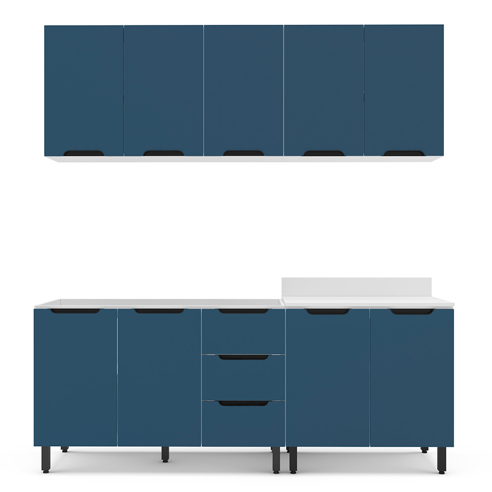 Cozinha Compacta Sem Tampo Meena 9 Portas 3 Gavetas Azul e Branca