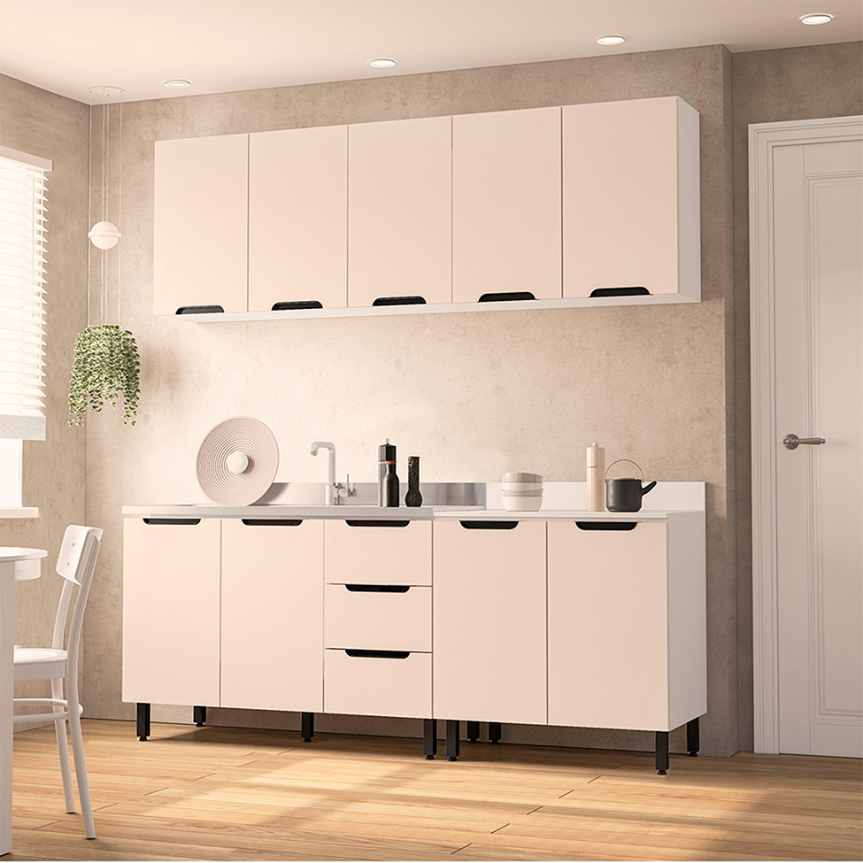 Cozinha Compacta Sem Tampo Meena 9 Portas 3 Gavetas Creme e Branca