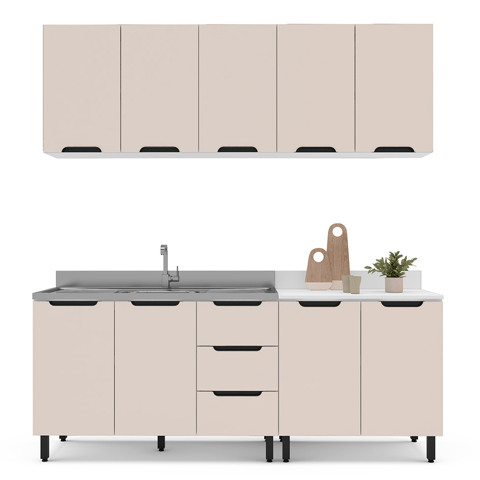 Cozinha Compacta Sem Tampo Meena 9 Portas 3 Gavetas Creme e Branca