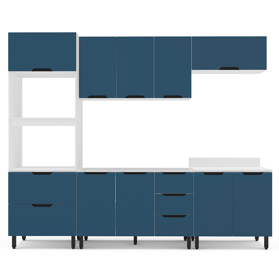 Cozinha Compacta Sem Tampo Meena 9 Portas 5 Gavetas Azul e Branca