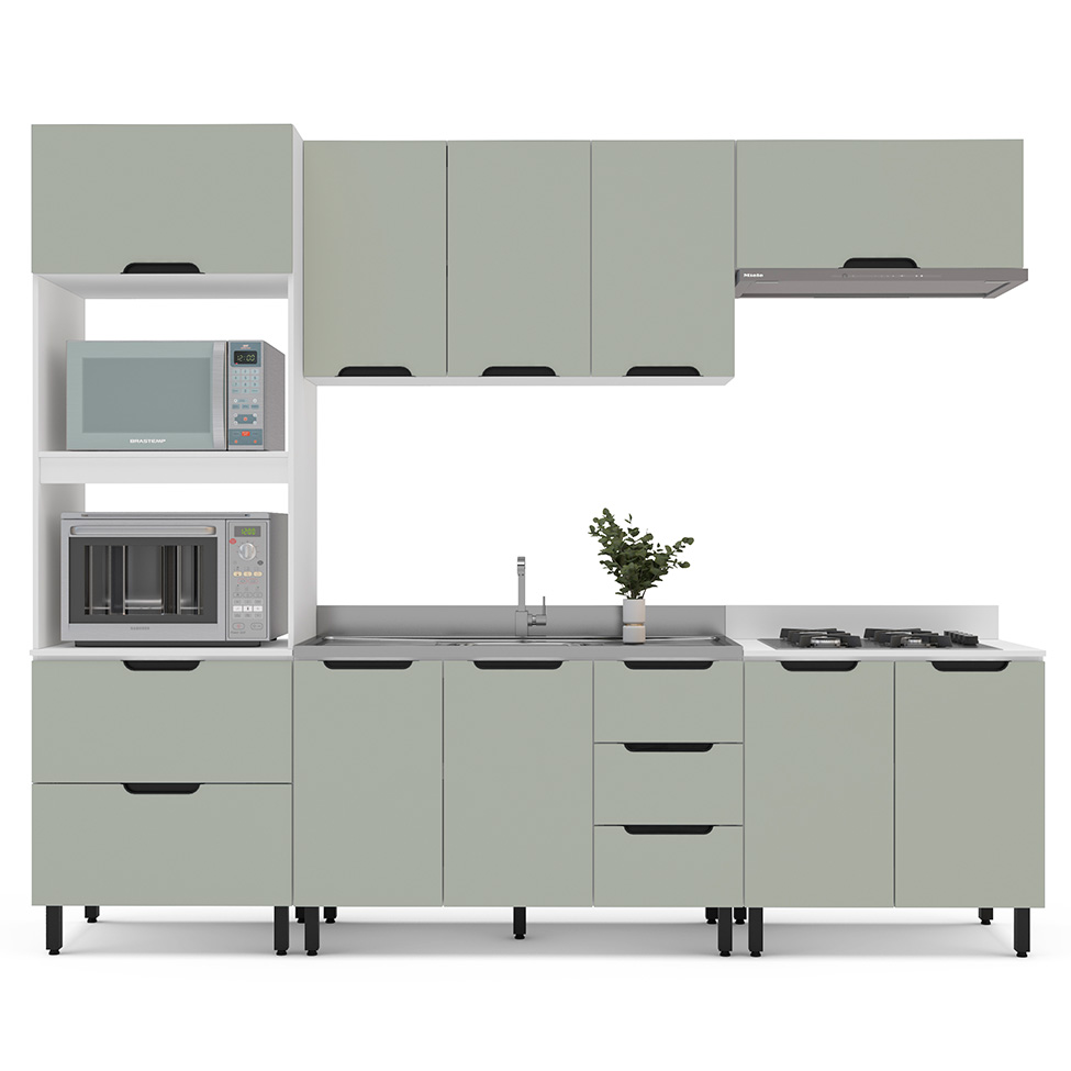 Cozinha Compacta Sem Tampo Meena 9 Portas 5 Gavetas Verde e Branca