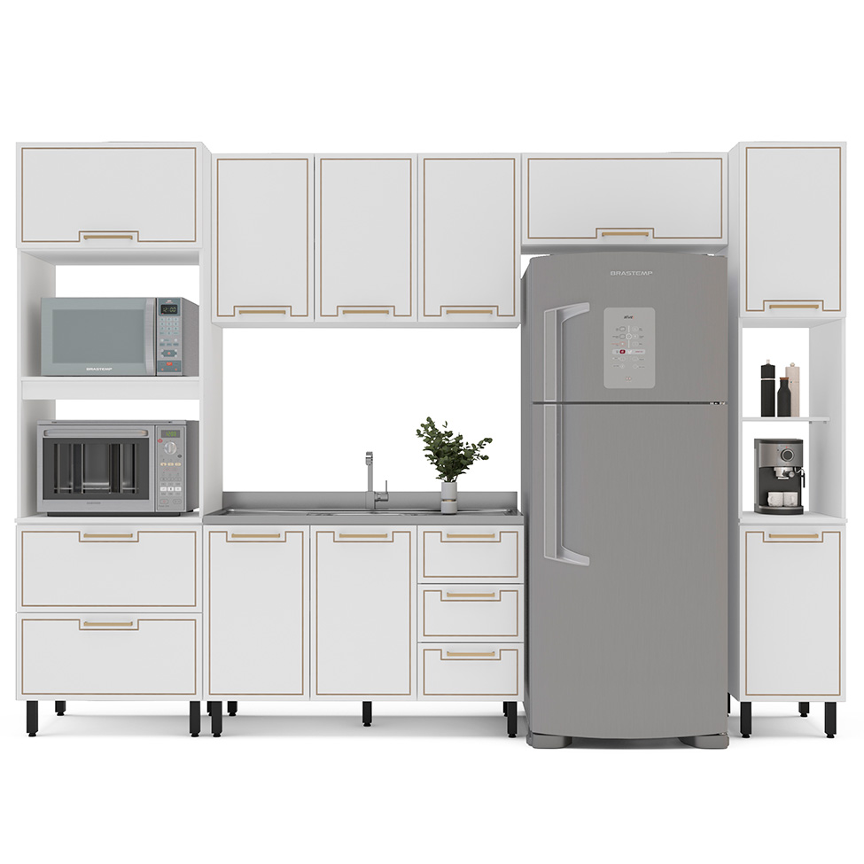 Cozinha Compacta Sem Tampo com Paneleiro Amara 10 Portas 4 Gavetas Branca