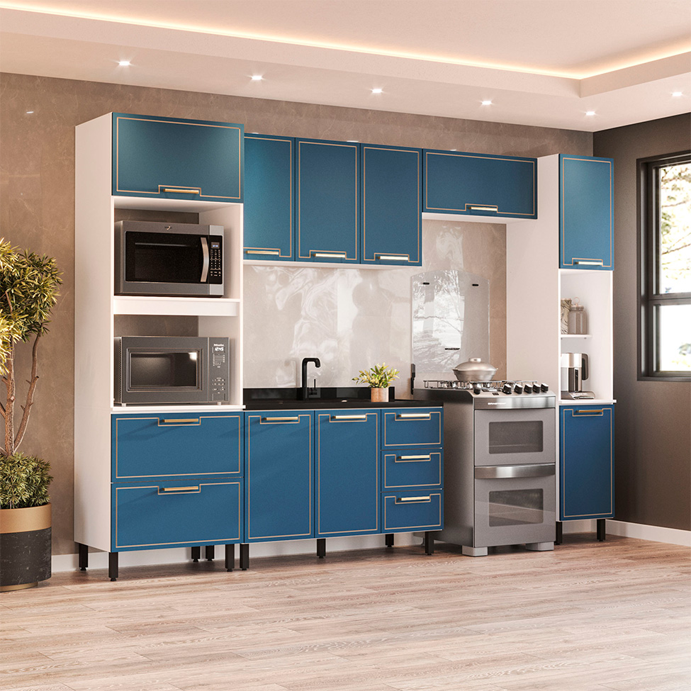 Cozinha Compacta Sem Tampo com Paneleiro Amara 9 Portas 5 Gavetas Azul e Branca